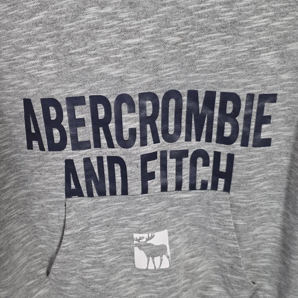 Abercrombie Kids Grey Space Dye Logo Pullover Hoodie Size 7/8 Navy Graphic Print